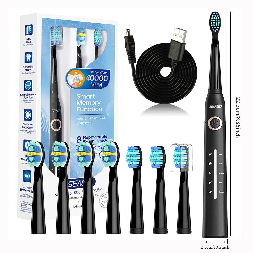 Smart Rechargeable Waterproof Toothbrush  w/8 Brush Heads