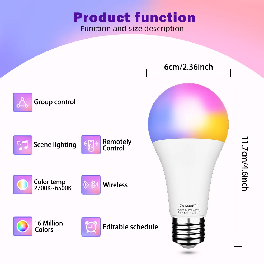 RGBCW Bulbs, Dimmable LED Lights, Music Sync/ App Control